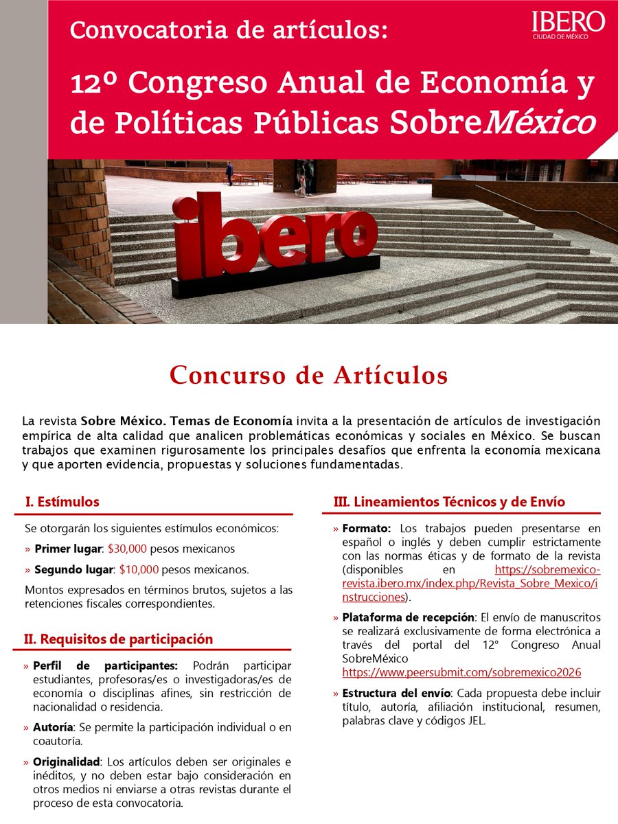 ibero_economia's tweet photo. 🚨Aviso convocatoria de artículos🚨

Envía tu artículo y publica en la Revista Sobre México, Temas de Economía

El mejor artículo aceptado ganará un estimulo de $30,000 MXN y el segundo puesto de $10,000 MXN

Límite: 15 mayo, 23:59 hora CDMX

#Economia #SobreMexico

¿Qué esperas? https://t.co/C3TGNQe3Cp