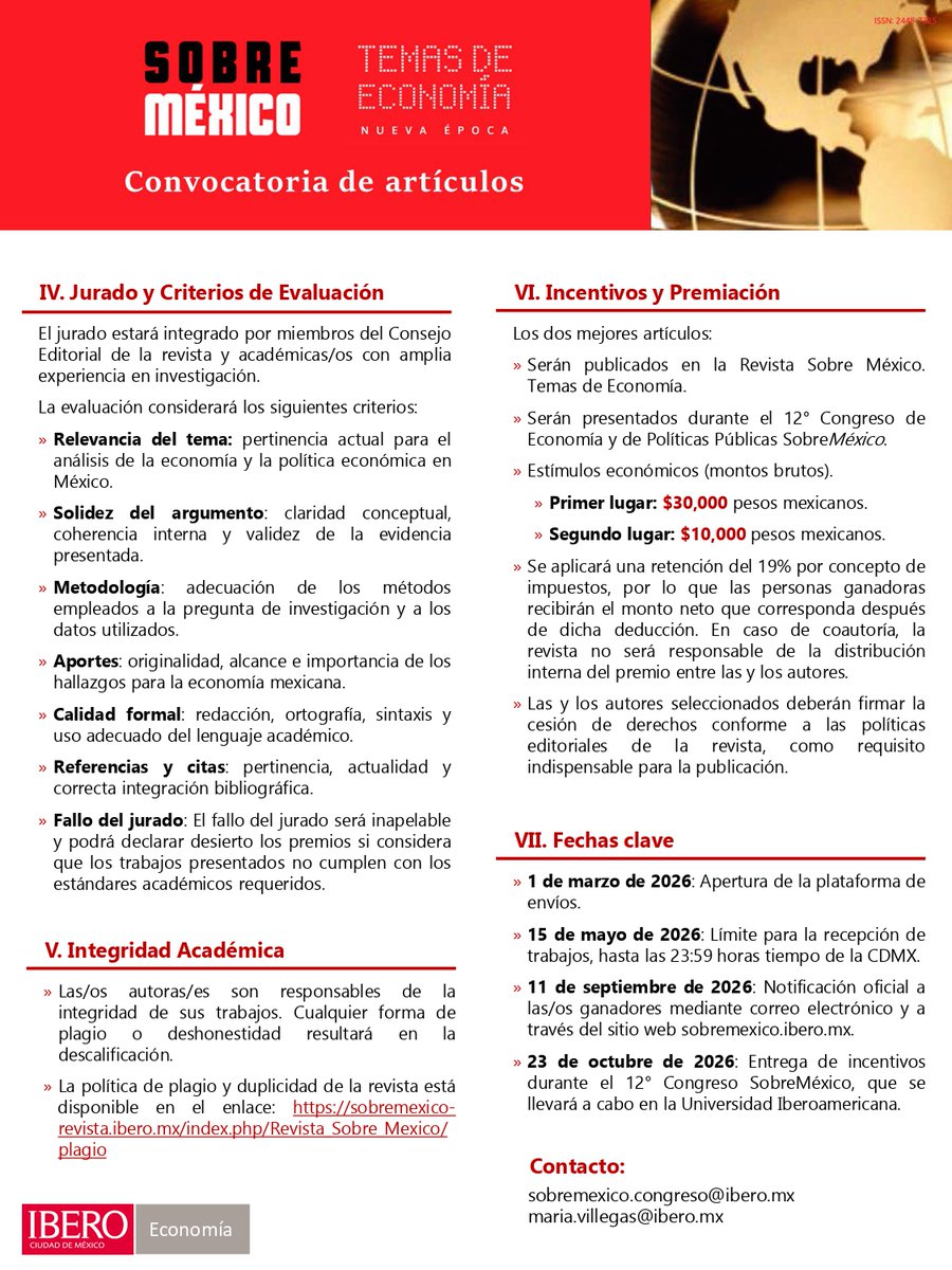 🚨Aviso convocatoria de artículos🚨

Envía tu artículo y publica en la Revista Sobre México, Temas de Economía

El mejor artículo aceptado ganará un estimulo de $30,000 MXN y el segundo puesto de $10,000 MXN

Límite: 15 mayo, 23:59 hora CDMX

#Economia #SobreMexico

¿Qué esperas?