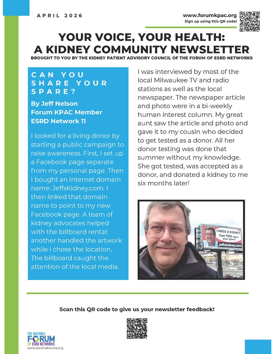 ESRDNetworks's tweet photo. The latest KPAC newsletter is now available at https://t.co/boDyFKIYho! Since April is Donate Life Month, this issue focuses on the gift of living donation. https://t.co/XX0gsweAYZ