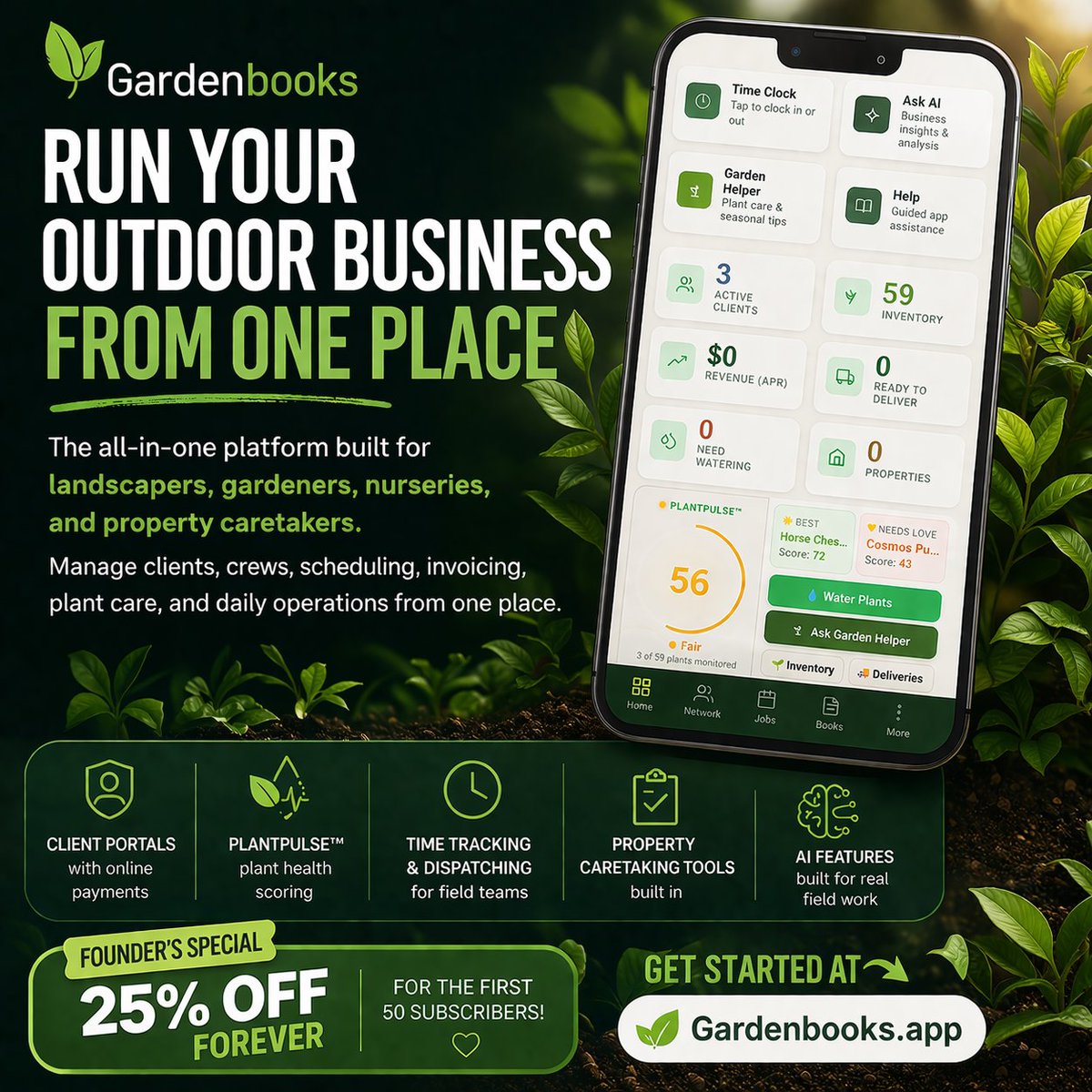 Gardenbooksapp's tweet photo. We built the app we wished existed — designed specifically for caretakers, gardening, nurseries, and lawn care businesses.

Clients. Invoices. Scheduling. Inventory. Team management. Time clock. All in one place.

No generic business software.

https://t.co/PewNL5gFeW https://t.co/GyE3D2IYJg