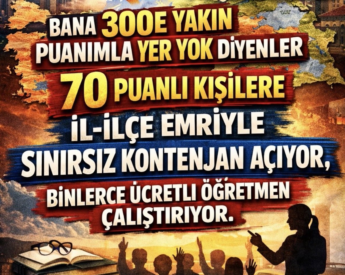 Ben 8-10 yıl zorunlu hizmette 3/6 yerlerde çalışacağım 300e yakın puan toplayacağım bana yer yok ama 70 puanlıya var! Artık bu adaletsizliği kaldıramıyoruz. #MEBİlDışına81ilBolKontenjan