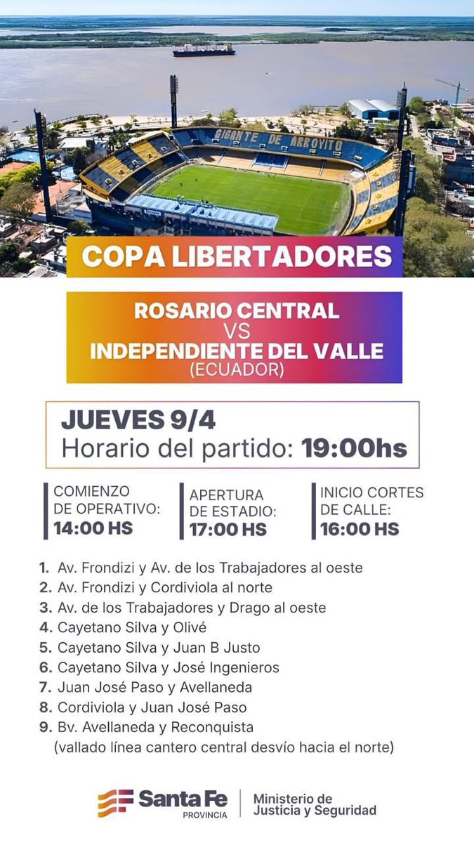 Ya están programados todos los cortes 🚧 para esta noche de <a href="/Libertadores/">CONMEBOL Libertadores</a> 🏆 entre <a href="/RosarioCentral/">Rosario Central</a> e <a href="/IDV_EC/">Independiente del Valle</a> ⚽️

+Info👉🏼 waze.com/es-419/events/…