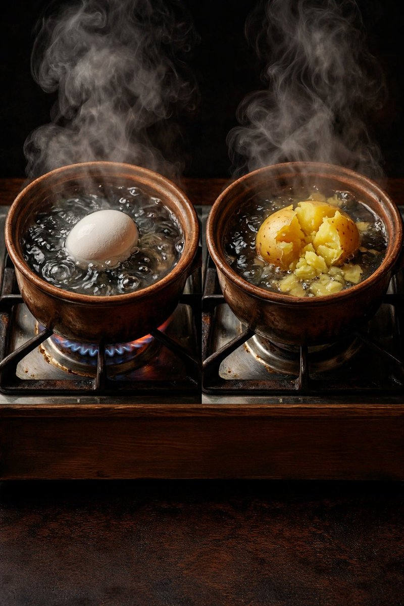 LuyimaHudson's tweet photo. The same boiling water softens the potato but hardens the egg. Life’s pressure doesn’t define you—your response does. You can either break down or rise stronger. Build resilience, grow through the heat, and become unshakable. Your strength is your choice. https://t.co/0dERnEv5pO