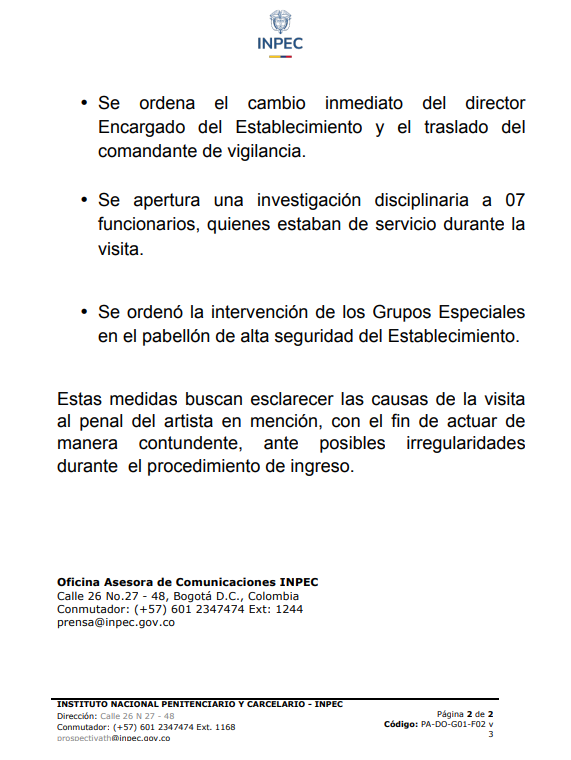 #ATENCIÓN | Inpec ordena el cambio del director encargado de la cárcel de Itagüí y la apertura de investigación disciplinaria a siete funcionarios, después de la fiesta que se habría presentado al interior del establecimiento y que tuvo como invitado a un reconocido cantante