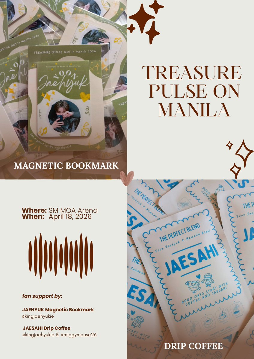 Brewing soon! ✨

Indulge in coffee bliss with JAESAHI and a good book. And don't forget to keep your pages marked with this JAEHYUK magnetic bookmark! :) 

See you on April 18th! 

#TREASURE_PulseOnMNL
#PULSE_ON_IN_MANILA
#YOONJAEHYUK #JAESAHI
