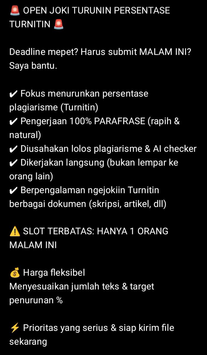 ipanaaa26's tweet photo. Bismillah, siapa tahu ada yang butuh nurunin presentase turnitin, siap dikerjakan malam ini, cuman Nerima 1 orderan aja. Langsung WA aja 08986036641 https://t.co/IiCVzKUwHN