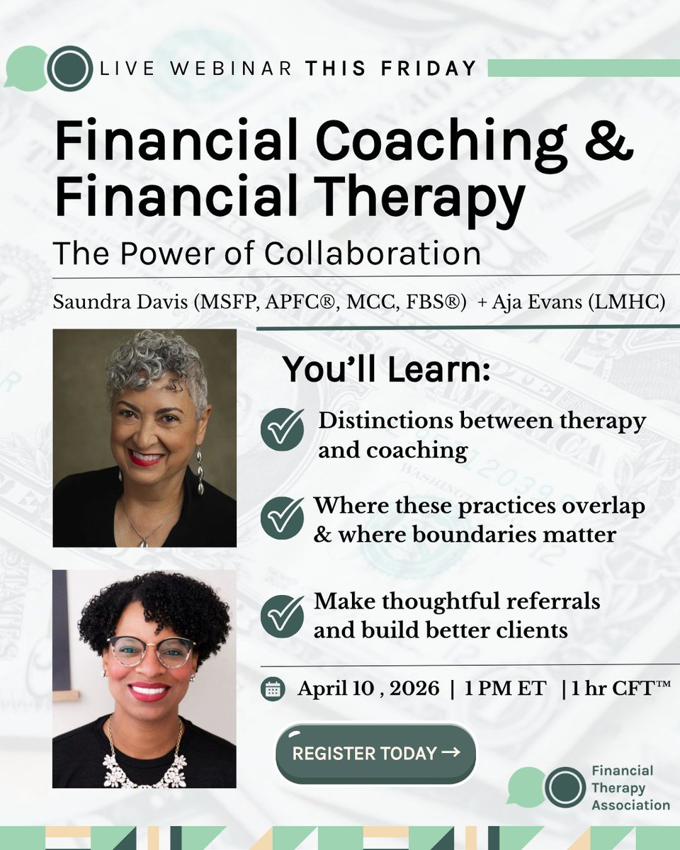 FinTherapyAssoc's tweet photo. Last chance to register — this webinar is tomorrow.

Register here: https://t.co/35Y7f8e39R

#FinancialTherapy #FinancialCoaching #FinancialWellbeing #MoneyAndMentalHealth #BehavioralFinance #ProfessionalDevelopment #CFP #CFT #ClientCare https://t.co/R9zwECeuXG