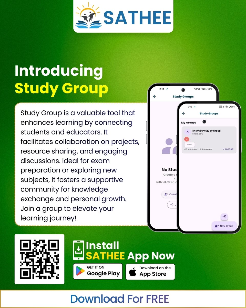 SATHEE_IITK's tweet image. ✨Better together! 🤝
Introducing Study Groups on the SATHEE App.
Connect with fellow students and educators to share
resources, debate topics, and level up your prep
together🎓

#StudyGroup #LearningCommunity #ScienceFacts
#studentlife #StudySmart #AI #exampreparation