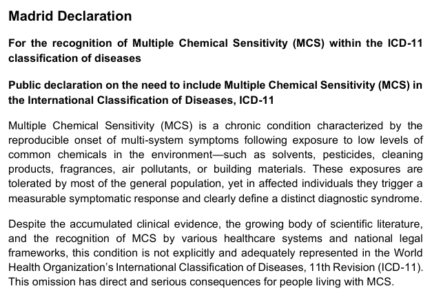 TomKindlon's tweet image. I saw the Madrid Declaration mentioned in the latest MCS Aware newsletter

"Public declaration on the need to include Multiple Chemical Sensitivity (MCS) in the International Classification of Diseases, ICD-11"

confesq.org/wp-content/upl…

#MCS