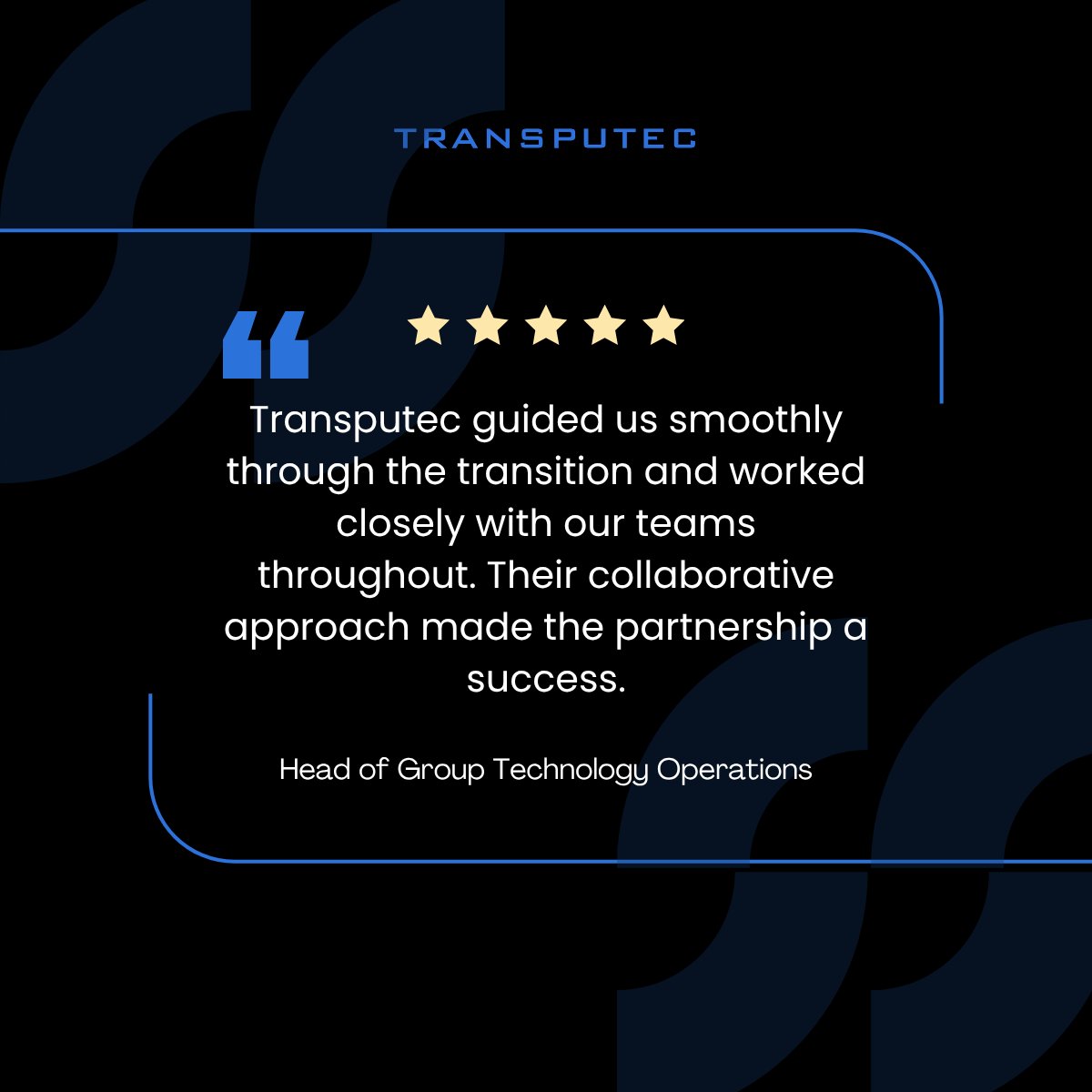 Transputec's tweet image. We’re always grateful to hear kind words from our valued clients. Their testimonials mean a great deal to us and remind us why we do what we do.
Thank you for trusting Transputec. Get in touch with our team today.

#ClientTestimonial #ITServices #ManagedITServices
