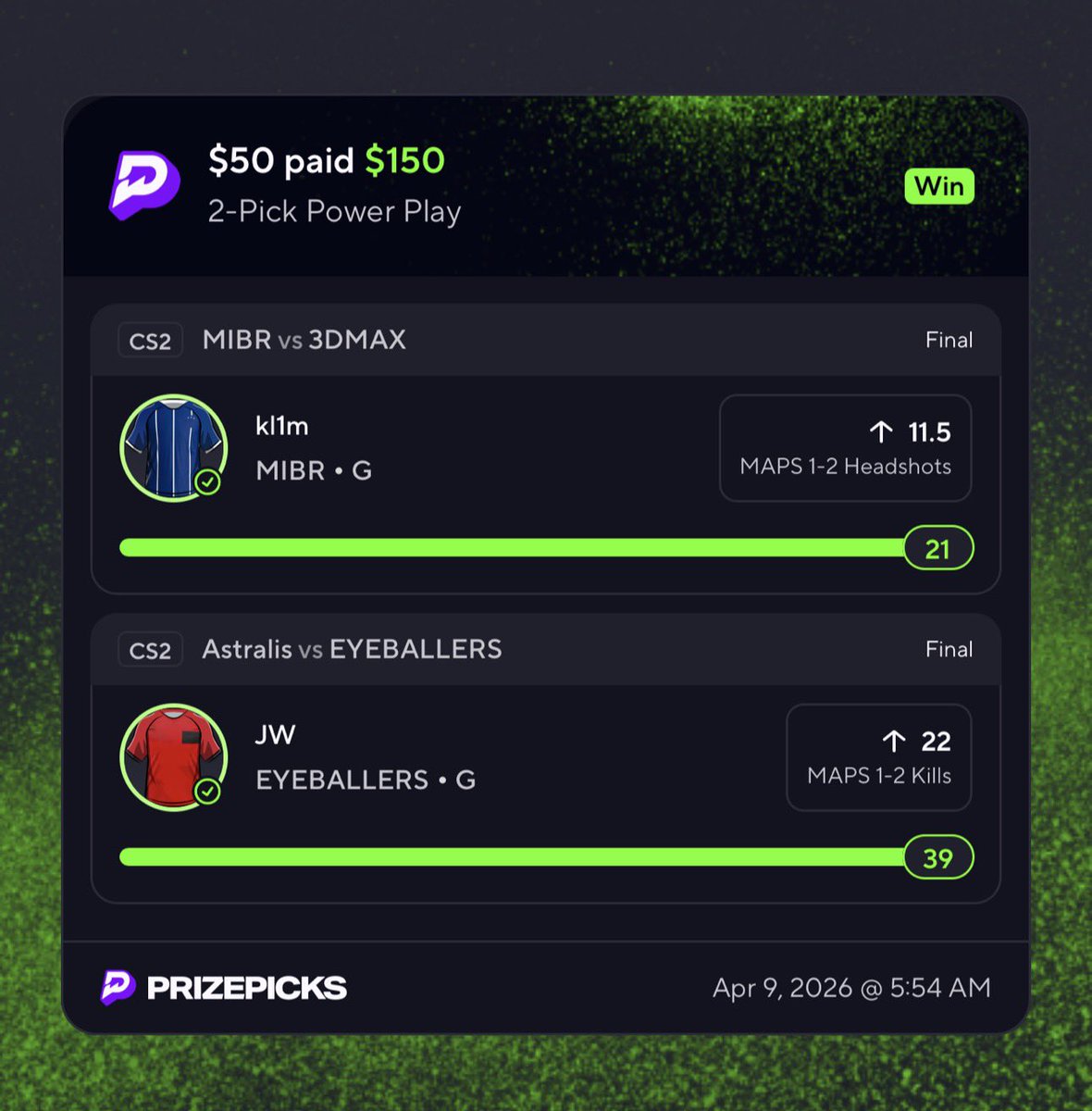 FitzDFS's tweet image. Woke up profitable ✅🫶

B2B nights we win! Run it back tonight? 

#CS2 #Esports #GamblingX #PrizePicks