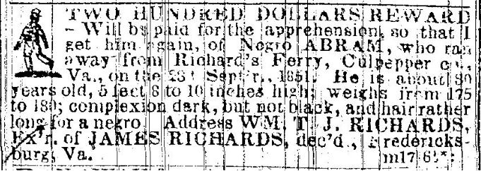 FromSlaves's tweet image. In Sept 1851, I left Richard’s Ferry in Culpeper County, Virginia. I am 80 years old. After a lifetime of labor, I am done serving James Richards. William Richards has been hunting me for six months, but I have finally found my own way. My name was ABRAM #VA #BlackHistory