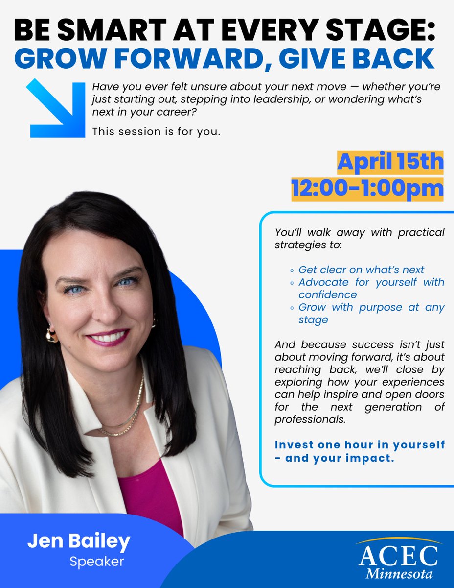 ACECMN's tweet photo. Grow forward &amp; give back! Join the Women in Engineering Virtual Forum Apr 15, 12–1 PM. HR exec Jen Bailey shares SMART tools for confident career growth. Earn 1.0 PDH. $10 members.

Register: https://t.co/5gROINdiEj

#WomenInEngineering  #SMARTSuccessTools #GrowForward #GiveBack https://t.co/xannOlW5zZ