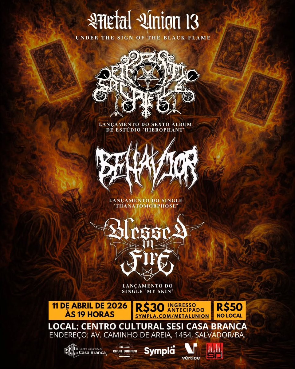 SALVADOR VAI TREMER! 🔥 O ETERNAL SACRIFICE invade o ‘Metal Union 13’ neste sábado (11/04) no SESI Casa Branca. Prévia do novo álbum "Hierophant" e muito caos! 💀🤘

Saiba mais e garanta seu ingresso: sanguefrioproducoes.com/n/5977

#EternalSacrifice #BlackMetal #Salvador