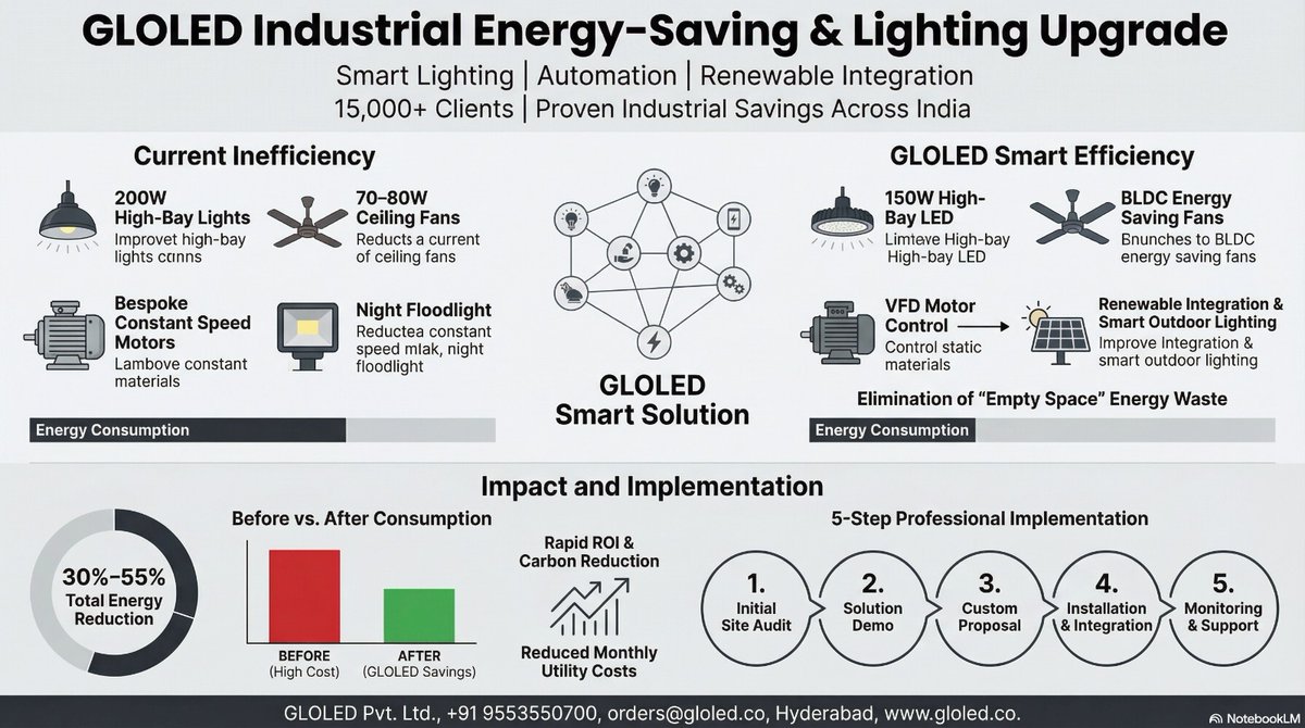 samanbontu's tweet photo. ⚡ GLOLED Industrial Lighting Upgrade: Reduce Energy Costs by 30%–55%

Are your showroom or industrial operations still losing money due to inefficient lighting systems?

It’s not just about high electricity bills—it’s about poor output, energy wastage, and outdated infrastructure affecting your overall efficiency.

📊 Check your savings in 60 seconds:
 https://t.co/xxwYHf4AMj
🏭 Challenges in Traditional Systems
High wattage lights with low lumen output
Lights running in unused or empty areas
No automation or smart controls
Uneven brightness and poor visibility
Constant-speed motors increasing power consumption
High maintenance and heat generation
💡 GLOLED Smart Efficiency Solutions
✔ High-Efficiency LED Upgrade
Replace outdated lighting with low-wattage, high-lumen LEDs for the same (or better) brightness using less power

✔ Smart Lighting Automation
Sensors and intelligent controls ensure lights operate only when needed
✔ Zoning & Intelligent Design
Optimized lighting for display, focus, and ambient areas—less lights, better output

✔ Energy-Saving Equipment Integration
BLDC fans, VFD motor control, and renewable outdoor lighting solutions
📊 Real Impact

30%–55% reduction in total energy consumption
Significant reduction in monthly electricity costs

Faster ROI with long-term savings
Lower carbon footprint

��� End-to-End Implementation
Site Audit
Solution Demo
Customized Proposal
Installation & Integration
Ongoing Monitoring & Support
✨ Results You Can Expect
Better brightness with lower power consumption
Reduced operational costs
Lower heat and maintenance
High-performance industrial lighting systems
🏆 Why GLOLED?
Proven industrial energy-saving expertise
15,000+ satisfied clients across India
Smart lighting and automation specialists
Complete end-to-end solutions
🌞 Upgrade to Smart Efficiency Today
📍 Kukatpally, Hyderabad
📞 9553550700
🌐 https://t.co/QPrdsE4NkR
👉 Comment “SMART” for a free consultation
👉 Message “ENERGY” to reduce your electricity costs
“More power kaadu… smart power kavali!”
#IndustrialLighting #SmartLighting #EnergyEfficiency #LEDLighting #SustainableSolutions