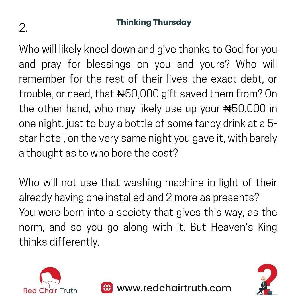 redchairtruth1's tweet photo. What if the way we measure giving is actually backwards—honouring status instead of meeting real needs? God calls us to give with wisdom, compassion, and purpose, not just tradition. Who truly benefits from your gift?

Let’s think about it on today’s Thinking Thursday. https://t.co/REwZF609bK