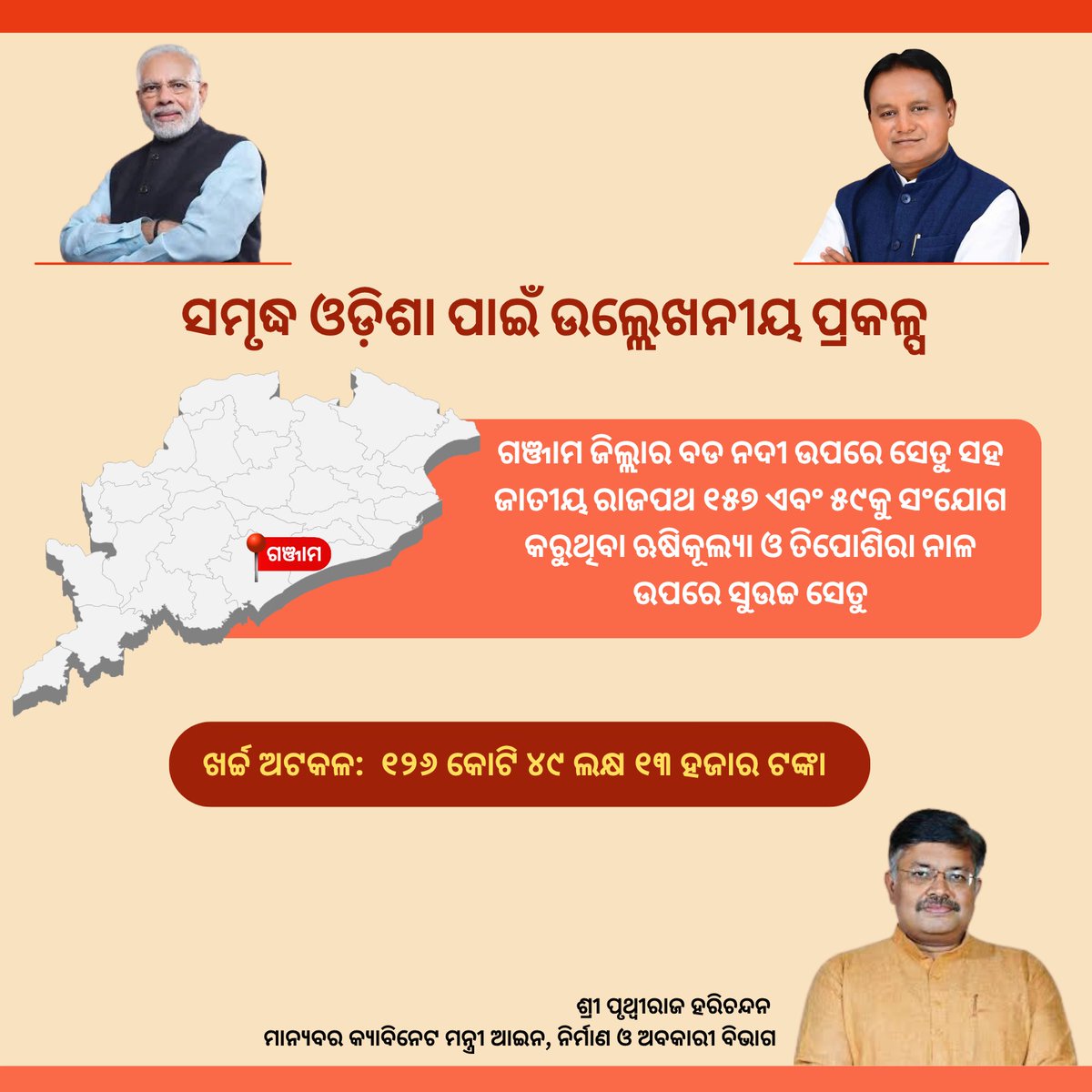 PrithivirajBJP's tweet image. ସମୃଦ୍ଧ ଓଡ଼ିଶା ପାଇଁ ଉଲ୍ଲେଖନୀୟ ପ୍ରକଳ୍ପ 
ଗଞ୍ଜାମ ଜିଲ୍ଲାର ବଡ଼ନଦୀ ଉପରେ ସେତୁ ସହ ଜାତୀୟ ରାଜପଥ ୧୫୭ ଏବଂ ୫୯କୁ  ସଂଯୋଗ କରୁଥିବା ଋଷିକୁଲ୍ୟା ଏବଂ ତିପୋଶିରା ନାଳ ଉପରେ ସୁଉଚ୍ଚ ସେତୁ

@narendramodi @MohanMOdisha @nitin_gadkari

#Odisha #Road #development #Ganjamdistrict #PrithivirajHarichand