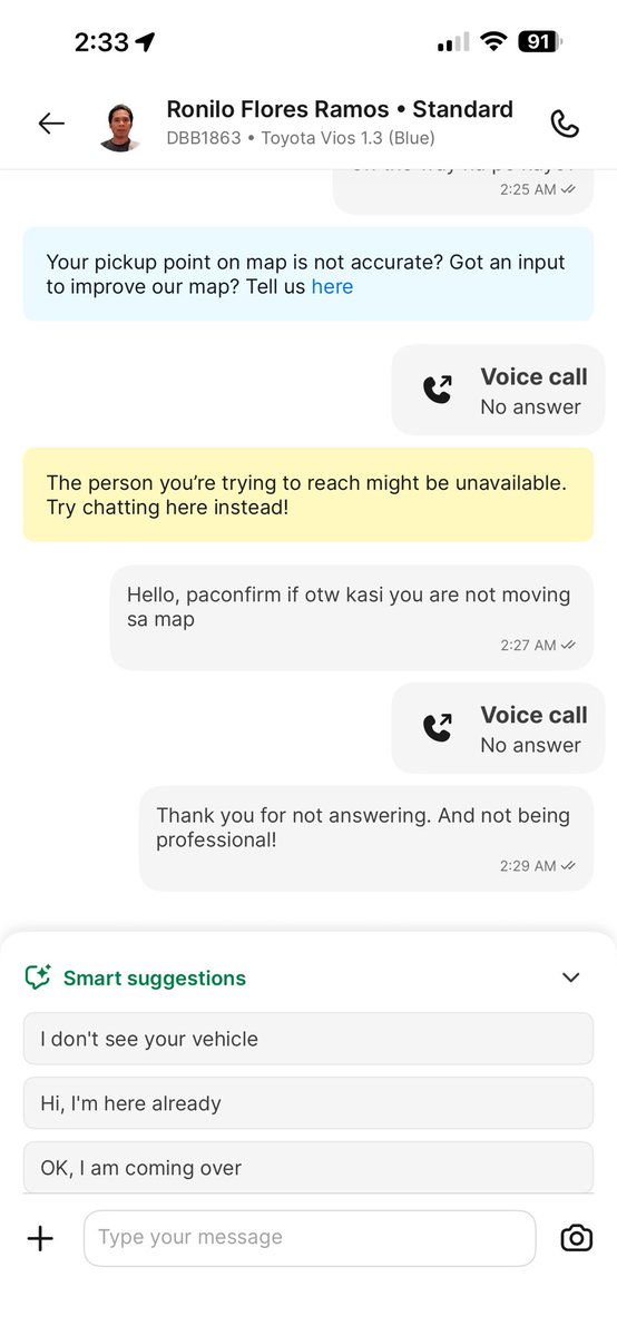 JLCB226's tweet photo. Hi @grabph all drivers assigned to me are not moving and won’t answer my messages or calls. Please this is such a waste of time. I don’t care about the 50php or anything. I’ve been waiting for 30min just to get passed around by the system and after few minutes, I got re-assigned. https://t.co/BFwde62EaO