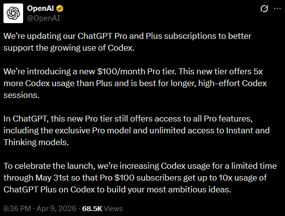 s_usa2001's tweet image. شركة #OpenAI تطلق باقة جديدة بـ 100 دولار شهريا. 
الباقة مصممة لمستخدمي Codex وتعطي 5 اضعاف حدود استخدام باقة Plus العادية لموديل Codex.
#السوق_الامريكي_بالعربي