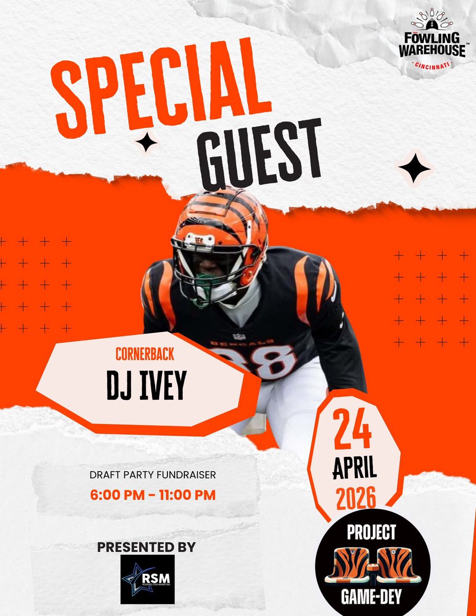 ProjectGameDey's tweet photo. 🔥 SPECIAL GUEST ANNOUNCEMENT 🔥

We’re excited to welcome @divey8_ to our Draft Party Fundraiser courtesy of Reserved STAR Marketing and @3BallCook !

DJ will be joining his teammate @djturner_5 , making this an even bigger night for Bengals fans!

Come meet both players in person at @FowlingCincy on April 24th - photos, autographs, and an unforgettable experience all while supporting Project Game-Dey.

❤️ Your support helps us continue our mission of sending individuals with disabilities and military veterans to Cincinnati Bengals games.

🏈 Don’t miss your chance to meet Bengals players while giving back to an amazing cause!

📅 April 24, 2026
⏰ 6:00 PM – 11:00 PM

🎟️ Get your tickets now:
👉 https://t.co/3NwTIH7piU

Let’s pack the house and make a difference—Who Dey! 🐅

#WhoDey #Bengals #Charity