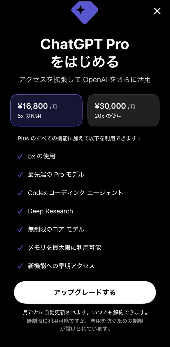 itnavi2022's tweet photo. ChatGPT Proに月16,800円プラン登場。
利用制限が5倍までに緩和され、Proモデルも使用可能。
GPT-5.5がリリースされたら、加入を検討しよう。
ただ、月15,000円にならなかったのがとても残念。
現在、1ドル158円くらいだから、月100ドルより割高。 https://t.co/stERqRrrkj