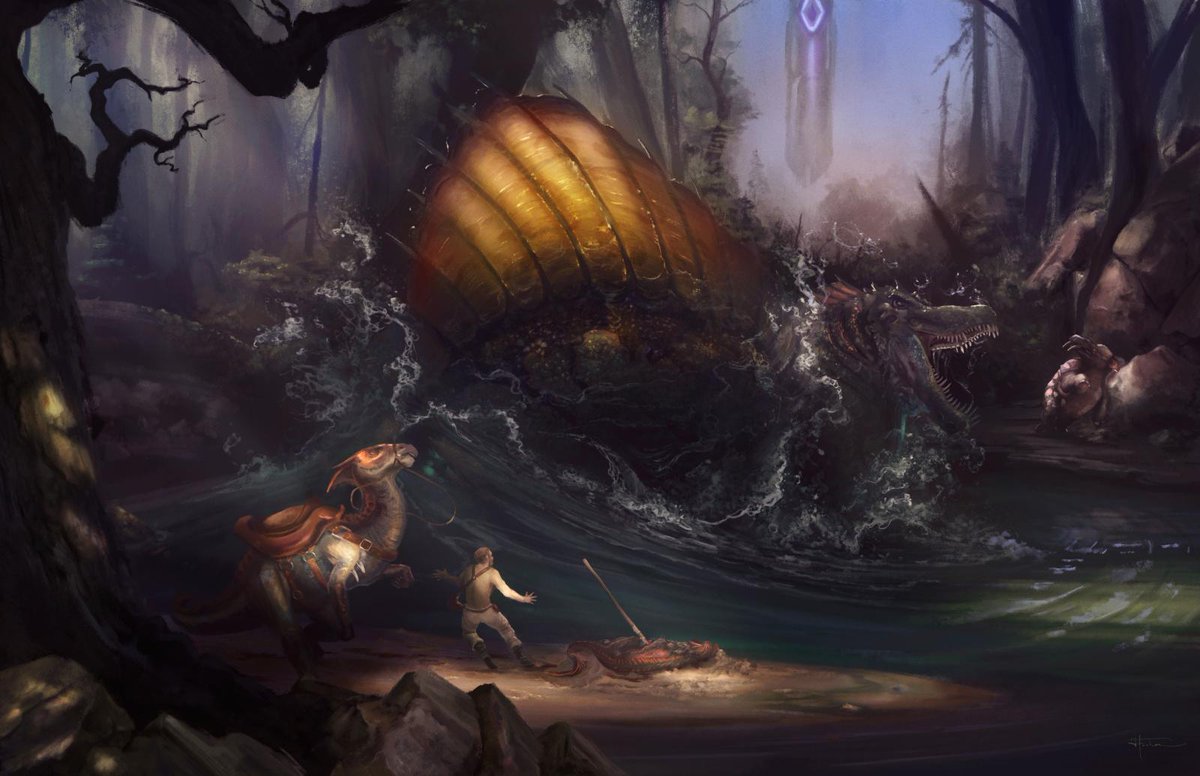 survivetheark's tweet image. In ARK, sometimes survival isn’t always about being faster. Sometimes it’s about being less appetizing. 🍗

Throwback to this incredible art "Close Call" by Ksottam #TBT