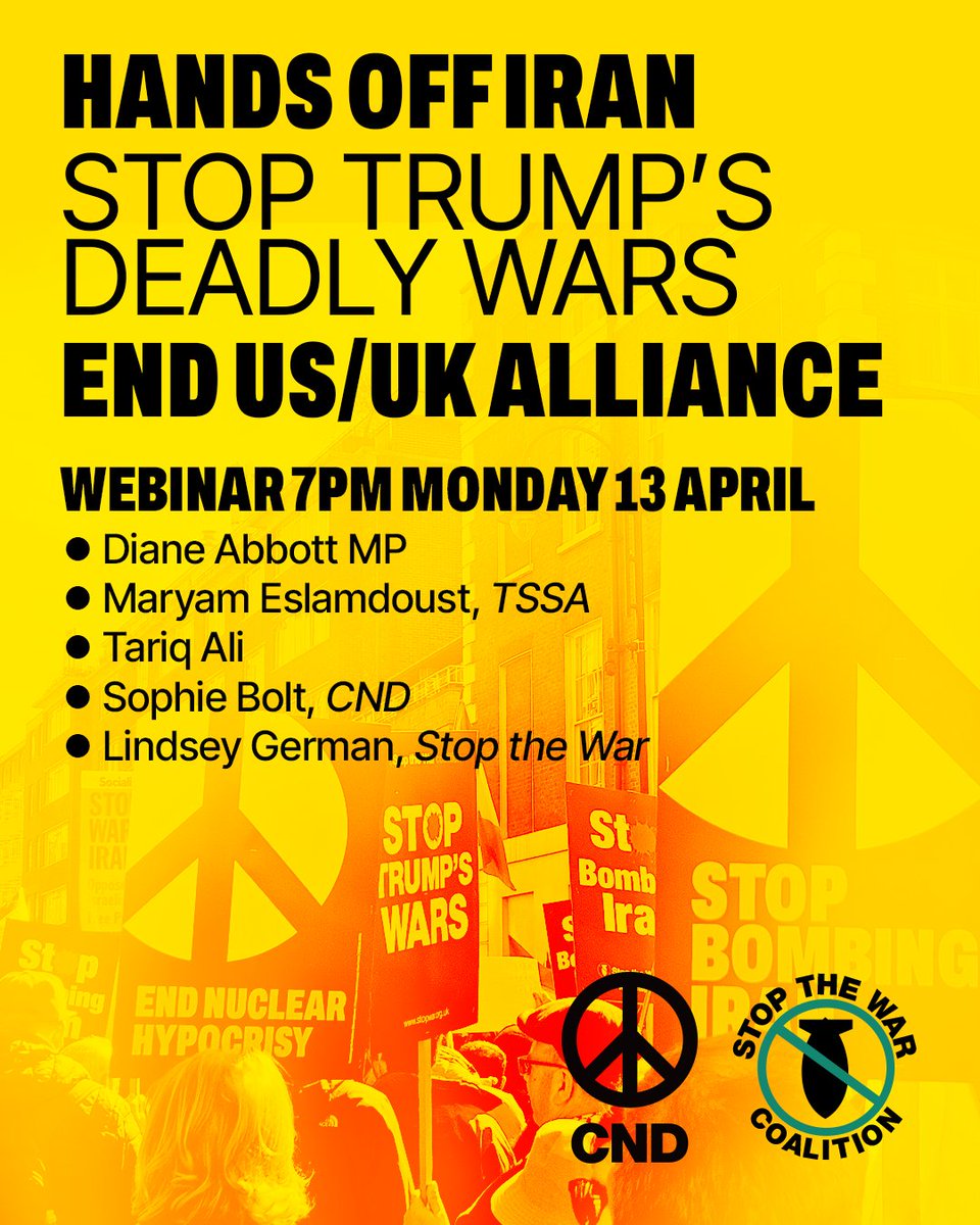CNDuk's tweet image. A fragile ceasefire is being trashed. Israel has killed hundreds in Lebanon. Trump's veiled nuclear threats against Iran shows why he must be stopped. Britain must act now. #Sanctions #ArmsEmbargo #BreakwithUS #HandsOffIran Register: us02web.zoom.us/webinar/regist…