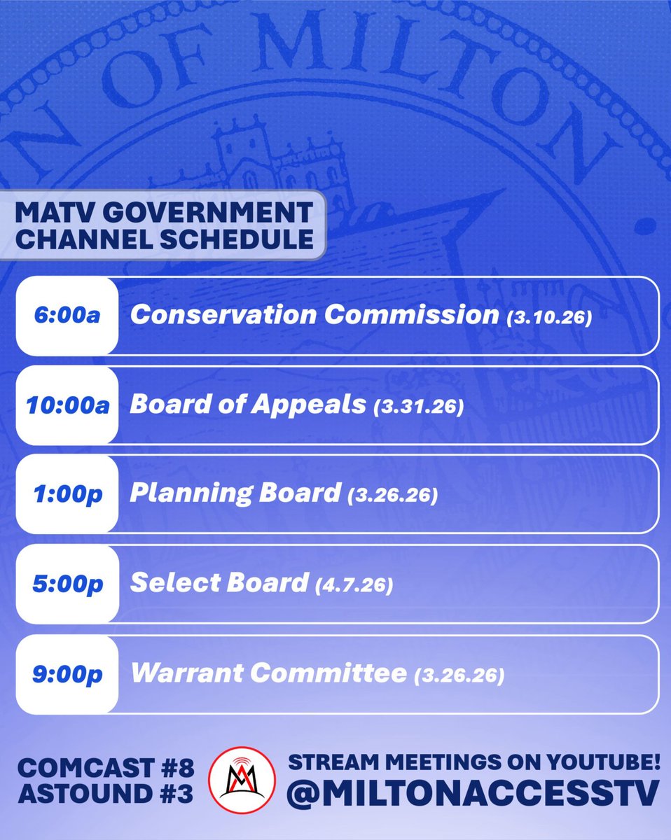 MiltonAccessTV's tweet image. Stay updated on all things Town of Milton with the MATV Government channel! 👍

Subscribe to our YouTube channel and never miss a meeting!

#miltonMA #miltonmassachusetts #towngovernment