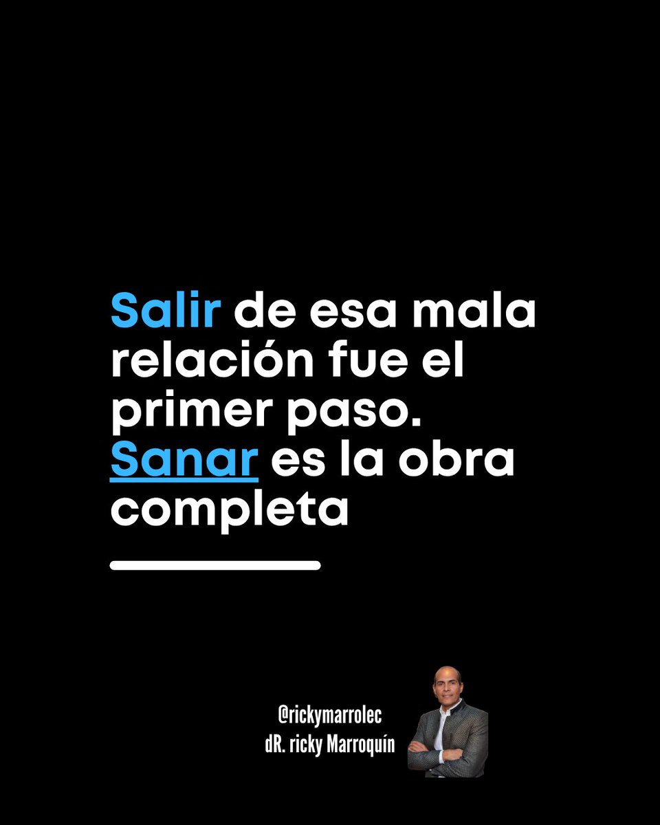 rickymarrolec's tweet photo. Salir de una relación tóxica es difícil.
Pero muchas personas se quedan solo con el alivio de haber salido y creen que eso los ha sanado.

Pero hay algo más difícil todavía — y más importante.
Entender por qué aguantaste.
Por qué permitiste tanto dolor.
Porque si no lo descubres, no cambia la historia.
Solo cambia el personaje.

La mayoría de personas que sufren o han sufrido relaciones tóxicas, cargan heridas de infancia que nunca sanaron: un amor que condicionaron, un caos que normalizaron, una inseguridad que nadie atendió.
Y esas heridas, sin trabajarlas, se convierten en el lente con el que eligen pareja, toleran lo que no deberían tolerar y confunden intensidad con amor.

Salir de una relación tóxica es el primer acto de valentía.
Sanar lo que te hizo vulnerable a ella es la obra completa.

Así que… si estás leyendo esto y en el pasado sufriste pero saliste de una relación tóxica, mi pregunta es…
¿Ya sanaste?