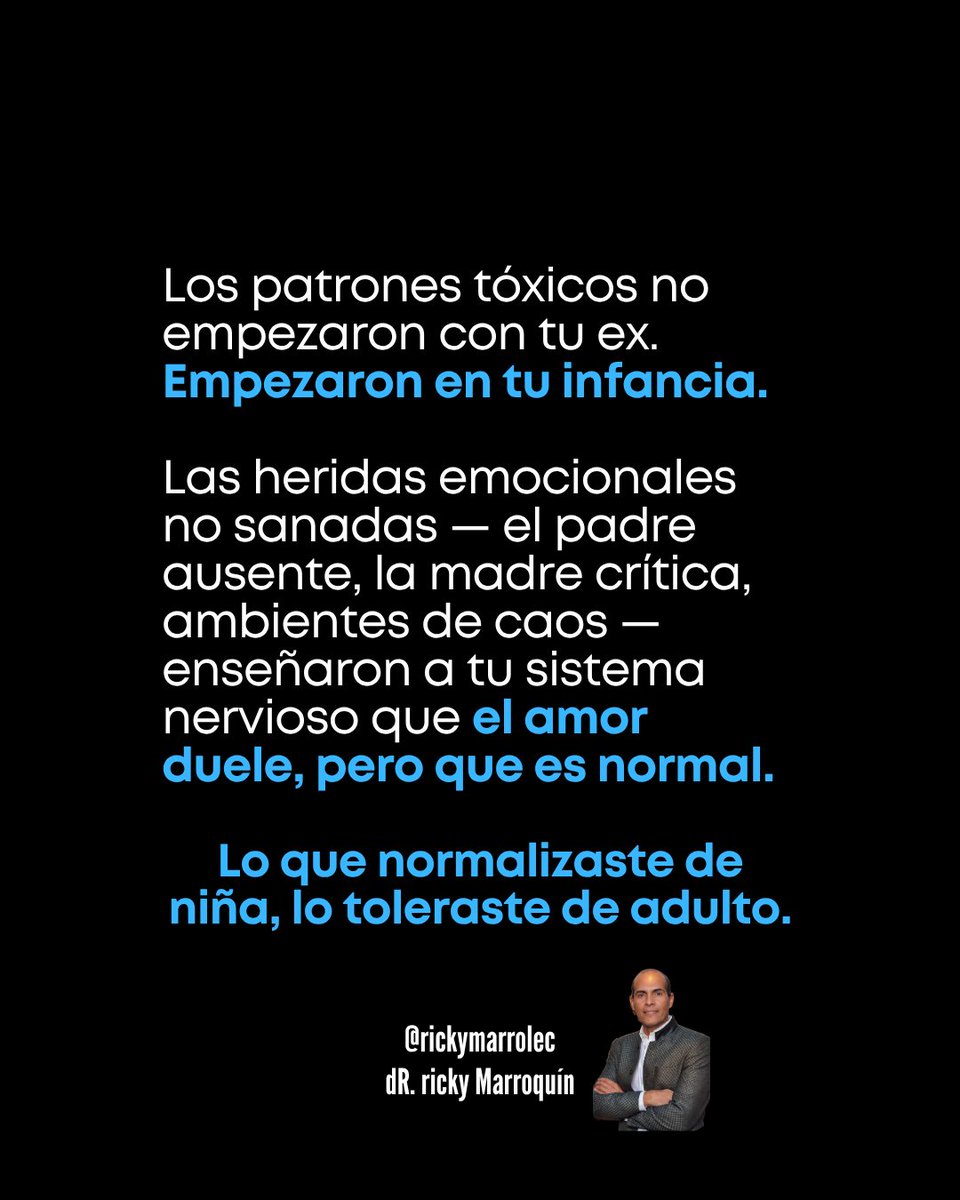 rickymarrolec's tweet photo. Salir de una relación tóxica es difícil.
Pero muchas personas se quedan solo con el alivio de haber salido y creen que eso los ha sanado.

Pero hay algo más difícil todavía — y más importante.
Entender por qué aguantaste.
Por qué permitiste tanto dolor.
Porque si no lo descubres, no cambia la historia.
Solo cambia el personaje.

La mayoría de personas que sufren o han sufrido relaciones tóxicas, cargan heridas de infancia que nunca sanaron: un amor que condicionaron, un caos que normalizaron, una inseguridad que nadie atendió.
Y esas heridas, sin trabajarlas, se convierten en el lente con el que eligen pareja, toleran lo que no deberían tolerar y confunden intensidad con amor.

Salir de una relación tóxica es el primer acto de valentía.
Sanar lo que te hizo vulnerable a ella es la obra completa.

Así que… si estás leyendo esto y en el pasado sufriste pero saliste de una relación tóxica, mi pregunta es…
¿Ya sanaste?