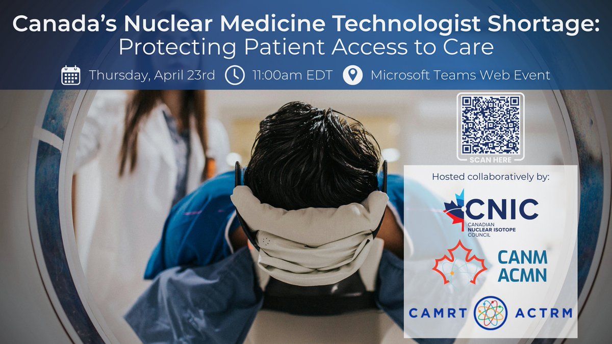 IsotopesCanada's tweet photo. Don’t miss our upcoming webinar on Canada’s Nuclear Medicine Technologist shortage, hosted in collaboration with CANM &amp; CAMRT.

Join us for this important discussion centered around practical, national strategies to stabilize this crisis.

Register here: https://t.co/J40404UJGH https://t.co/8WcanBRbcn
