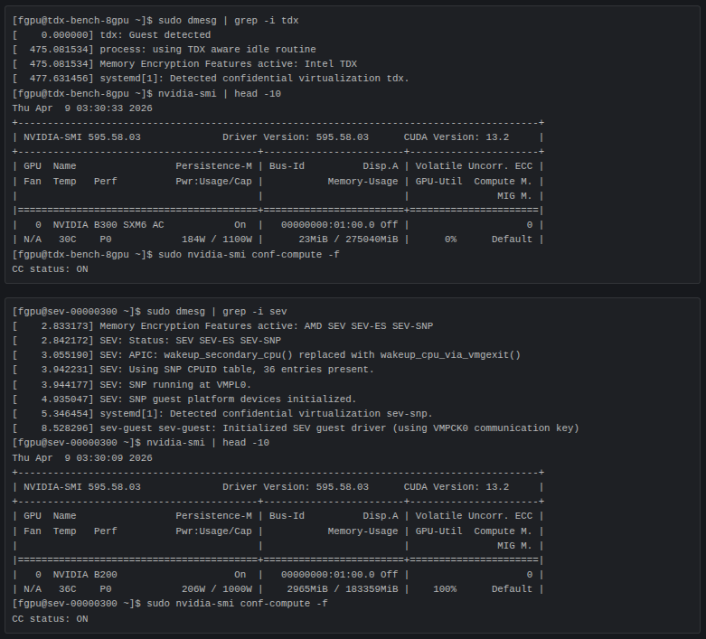 CryptoQuant's tweet photo. I got encrypted B300 &amp; B200 VMs running with Intel TDX and AMD SEV 🔏 https://t.co/BiDO4L06dc