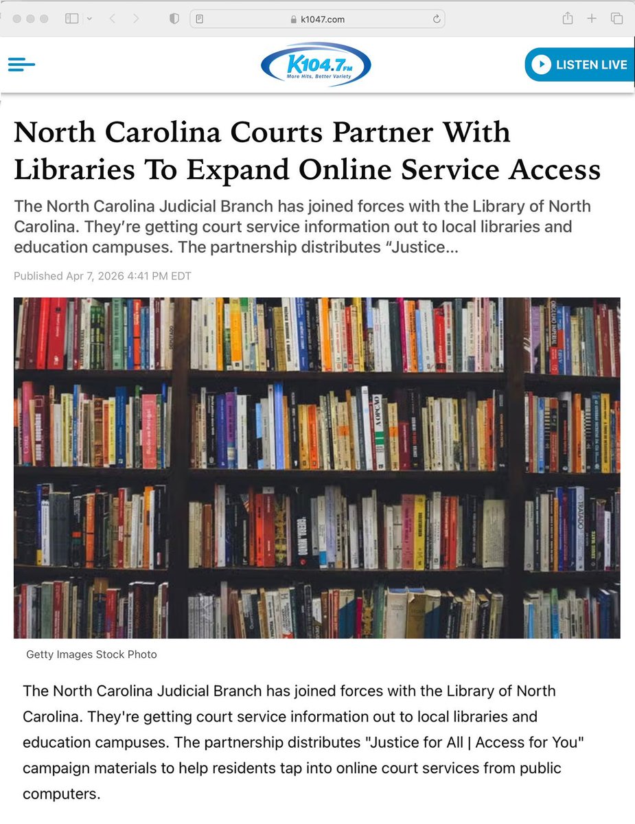 NCCourts's tweet photo. "Making sure North Carolina residents know where to go online to find and file judicial forms, search court records, and more is crucial," said Library of NC Director Michelle Underhill. "We are honored to partner and share the resources available through the 'Justice for All | Access for You' program with libraries." Read the @K1047fm story about local library resource centers sharing easy access to justice here: https://t.co/p6TftXtfWq