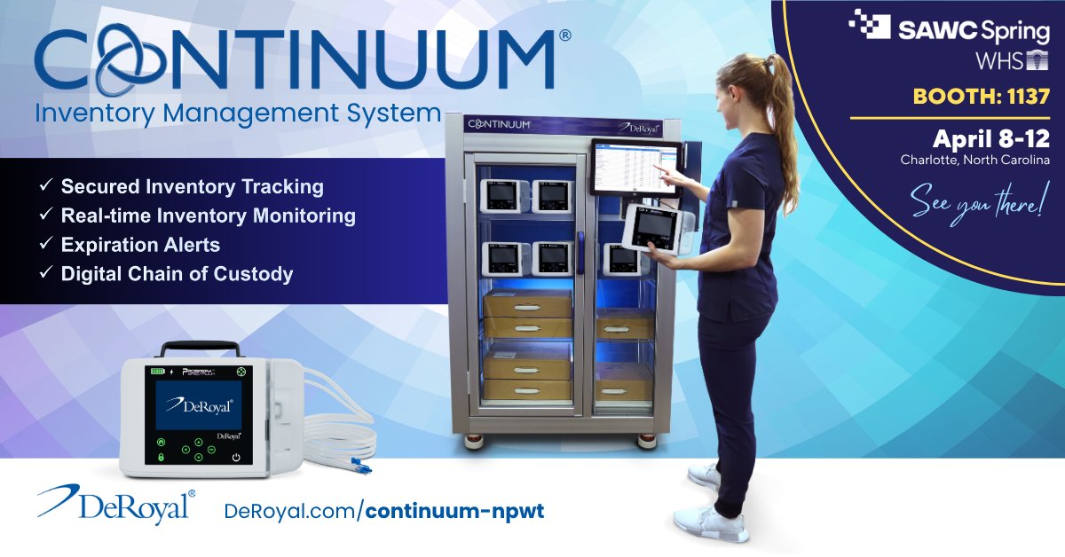 deroyal's tweet image. TODAY at #SAWCSpringWHS2026! The Continuum Program is an automated #inventory management and charge capture improvement system designed for high trafficked and high dispensing volume locations. Learn more about Continuum® #RFID #DME Business Solutions bit.ly/4tvZueq