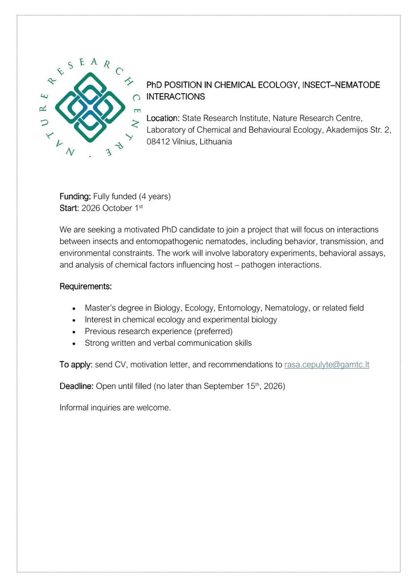 ObengCosmos's tweet photo. PhD POSITION IN CHEMICAL ECOLOGY, INSECT-NEMATODE INTERACTIONS https://t.co/YtYQU9Ptbj