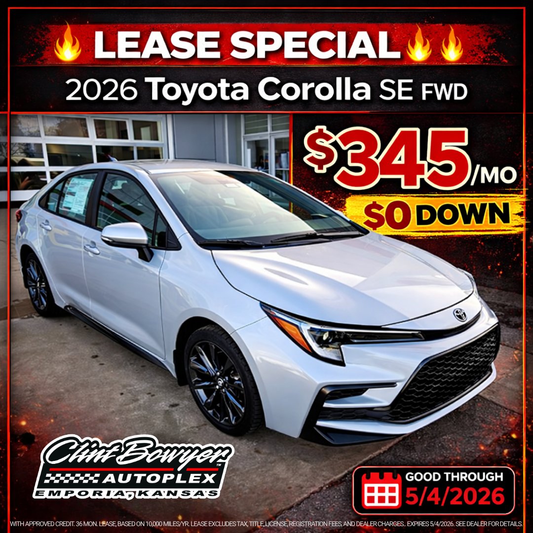 ClintBowyerAuto's tweet photo. $0/Down?! You can't beat that deal! Stop in today or give us a call! (620)343-6723! 🏁
#LeaseDeals #ToyotaCorolla #ClintBowyerAutoplex https://t.co/1adkypDpAV