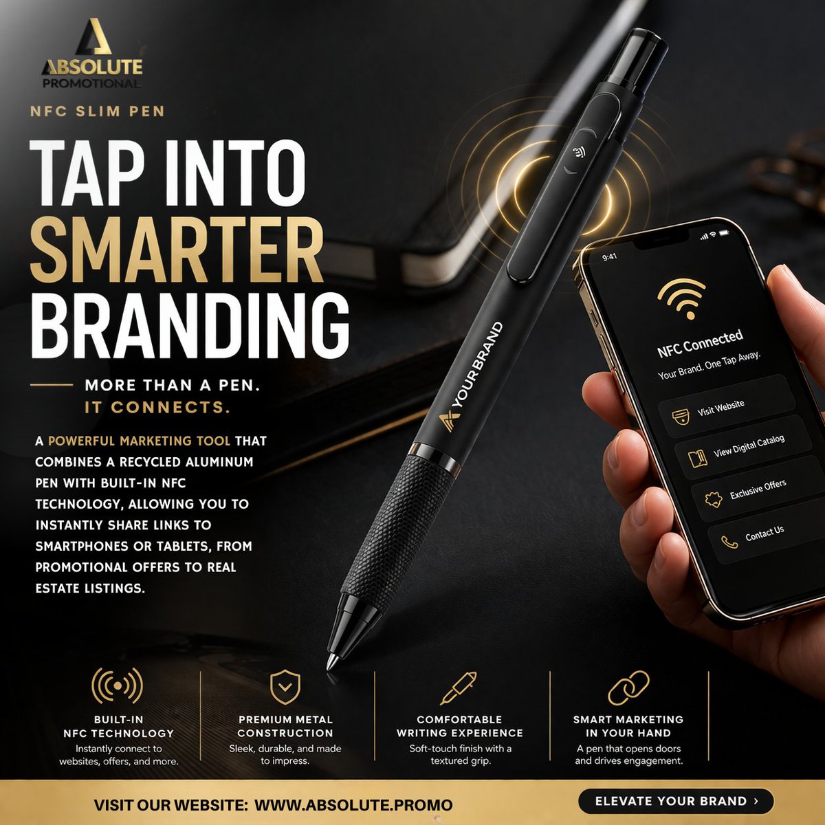 PromosAbsolute's tweet image. This isn’t your average pen.

NFC Slim Pen = Instant connection to your brand. 
One tap, and customers get your website, offers, and more. 💥

Ready for smarter branding? 

Get yours now ➡️ absolute.promo/p/ACOMS-TJUBM/…

Visit our website: absolute.promo

#NFCTechnology #Smart
