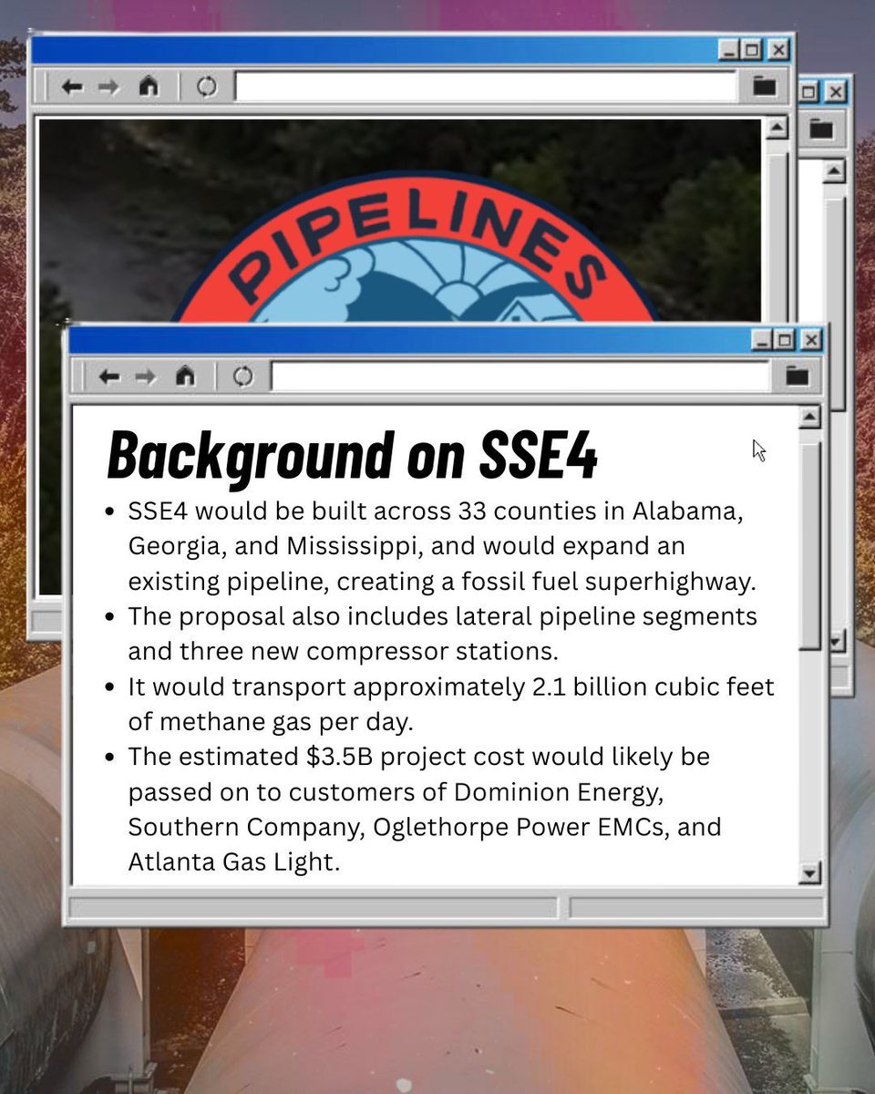 Frontlines2ferc's tweet photo. The South System Expansion 4 Pipeline (SSE4) is proposed for Alabama, Mississippi, and Georgia, transporting approximately 2.1 billion cubic feet of methane gas daily. The Draft Environmental Impact Statement is under review by FERC, and a request for a rehearing has been denied. https://t.co/xhsz2D3IPM