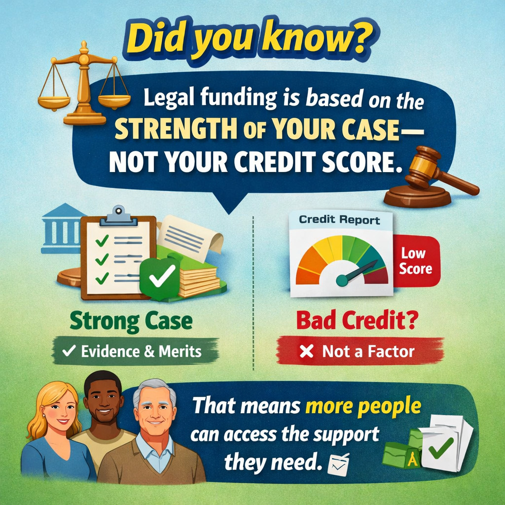 Did you know? Legal funding is based on the strength of your case—not your credit score. That means more people can access the support they need. 📄 #LegalFundingFacts #SettlementFunding #InjuryClaims #JusticeSupport #KnowYourOptions