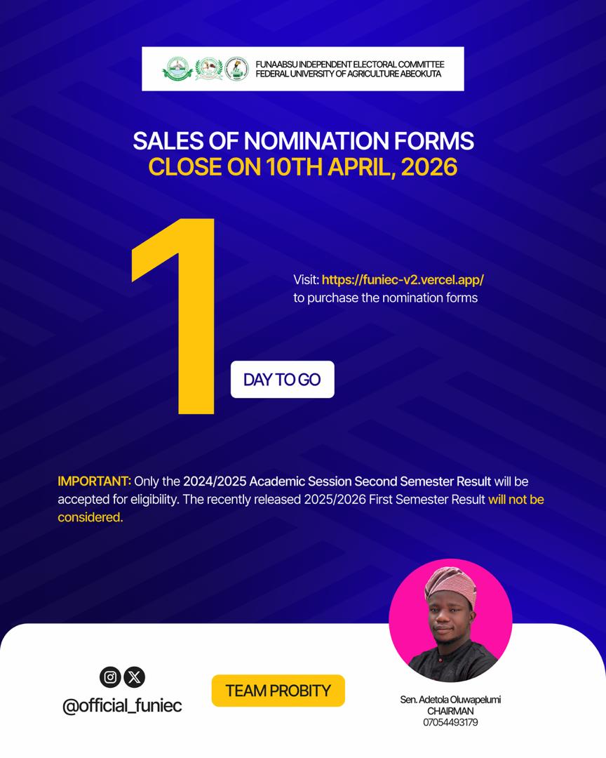 funiec_'s tweet photo. 1 Days to go โณ
Sales of nomination forms close soon.
Donโt miss your chance, act now.
Apply here:
https://t.co/NHatEgUnna
#FUNIEC27 #TeamPROBITY https://t.co/8yuOSiuoJz