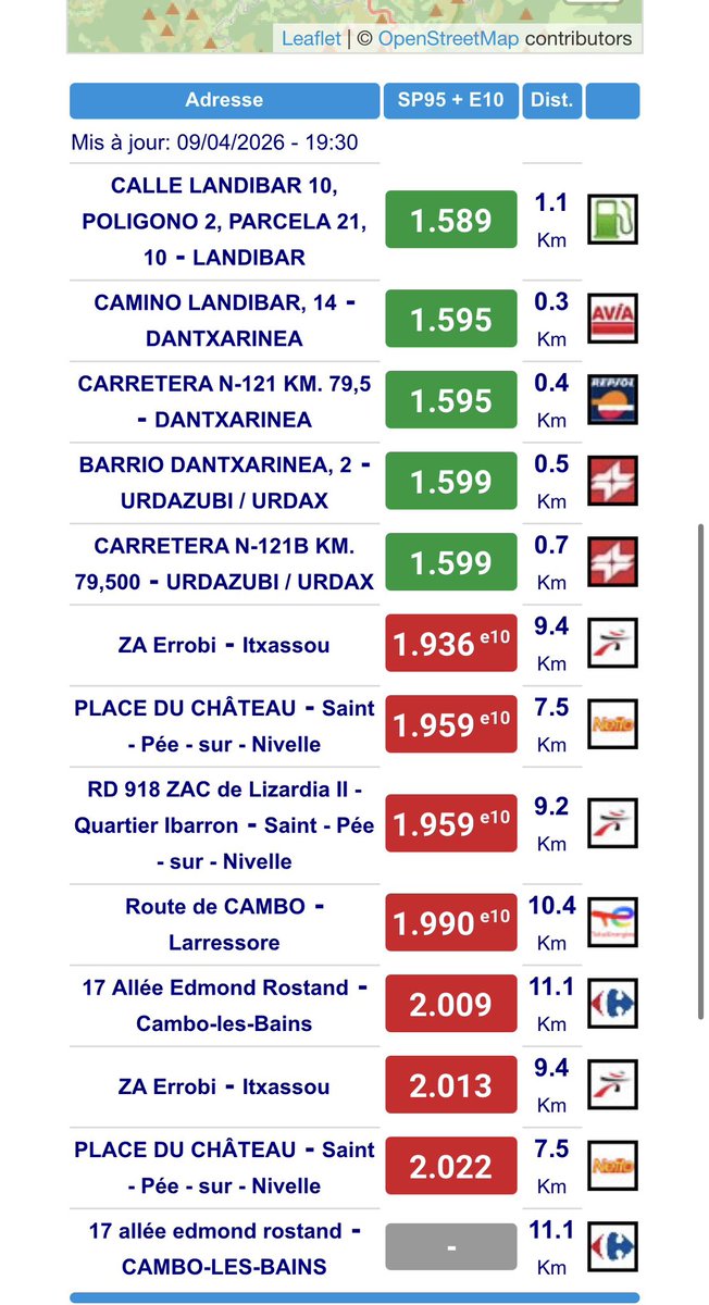 SebastienArcaya's tweet photo. En vert les tarifs des carburants en Espagne et en rouge les tarifs côté français, à la frontière basque. https://t.co/JzUlIP8SgW