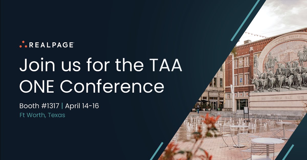 RealPage's tweet image. We’re headed to the TAA ONE Conference in Fort Worth, April 14–16! Stop by the RealPage booth #1317 to connect with our team and explore innovative solutions designed to support today’s multifamily teams.

Learn more at conference.taa.org. #TAAONE #PropertyManagement