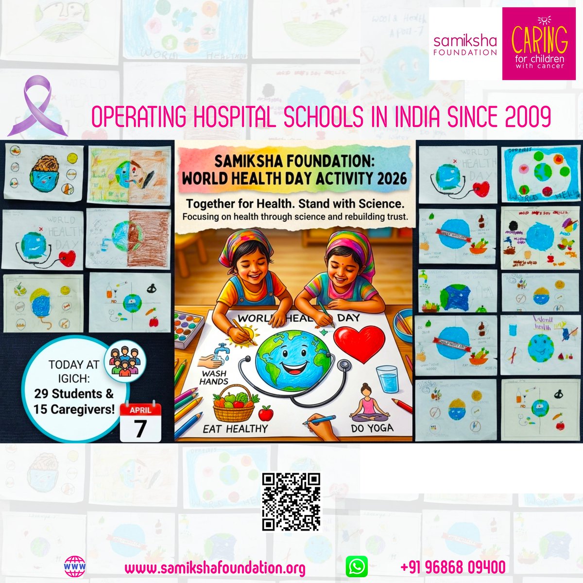 SamikshaTrust's tweet photo. 29 students &amp; 15 caregivers at IGICH marked 'World Health Day 2026' with Samiksha teachers, embracing “Together for Health. Stand with Science.” 

Focus: nutrition, hygiene, exercise &amp; no junk food—plus vibrant student posters spreading healthy habits. #WorldHealthDay2026 https://t.co/KPmGTY2xRx