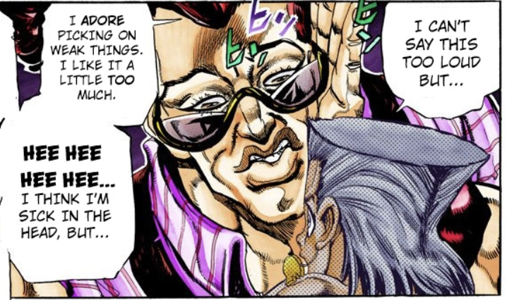 CO01aid's tweet photo. @p1nkch4n like most things this is probably the anime's fault... it translates this panel as "I can't say this too loudly... but picking on the weak really gets me going, maybe too much"
easy to construe "gets me going" as sexual https://t.co/mRrIcfZsU4