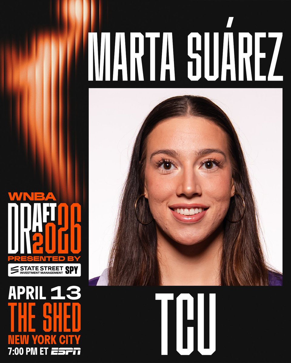 WNBA's tweet photo. From Fort Worth, TX to @TheShedNY 🗽

Marta Suárez is officially invited to the 2026 #WNBADraft presented by State Street Investment Management SPY

📺 Tune in April 13 at 7:00pm/ET on @ESPN to see where her next chapter begins! https://t.co/DGUrX5xjOr