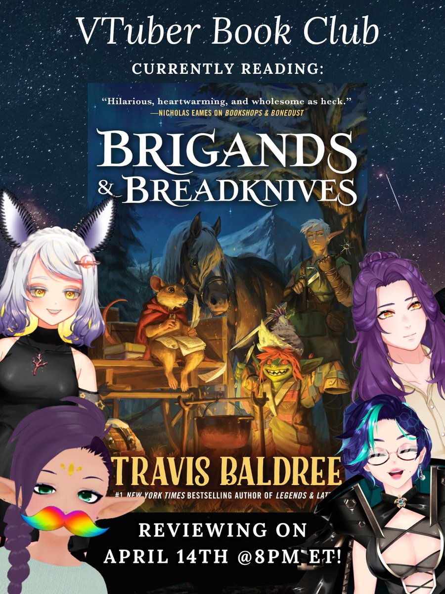 SlugTuber's tweet photo. The next Vtuber Book Club is on April 14th at 8PM ET!

We're reviewing Brigands &amp; Breadknives, Travis Baldree's latest book in the Legends &amp; Lattes series

This one follows Fern, a ratkin bookseller who accidentally finds herself on a journey far from home!

Join the review! https://t.co/9LW9cEmjK9