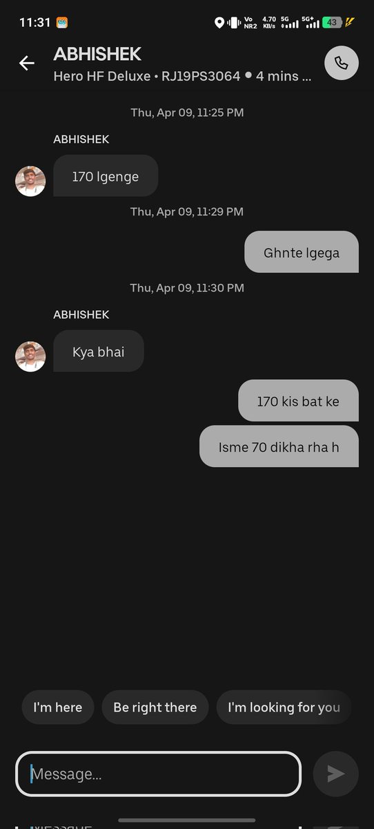 sunita155370's tweet image. Dear @Uber_Support @Uber_India, my driver Abhishek (RJ19PS3064) is demanding ₹170 for a ride that shows ₹66.49 on the app. This is clear overcharging and harassment. I have attached the chat screenshots as proof. Please take strict action. #UberIndia #ConsumerRights