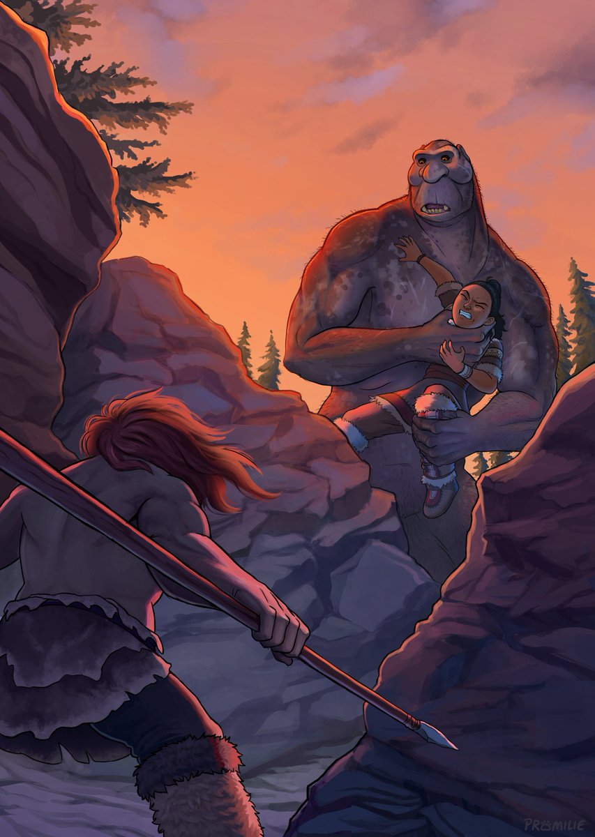 Promilie's tweet photo. Tük the neanderthal attempts to rescue Aia from a hungry giant hominin. https://t.co/WsHgBUUhvN