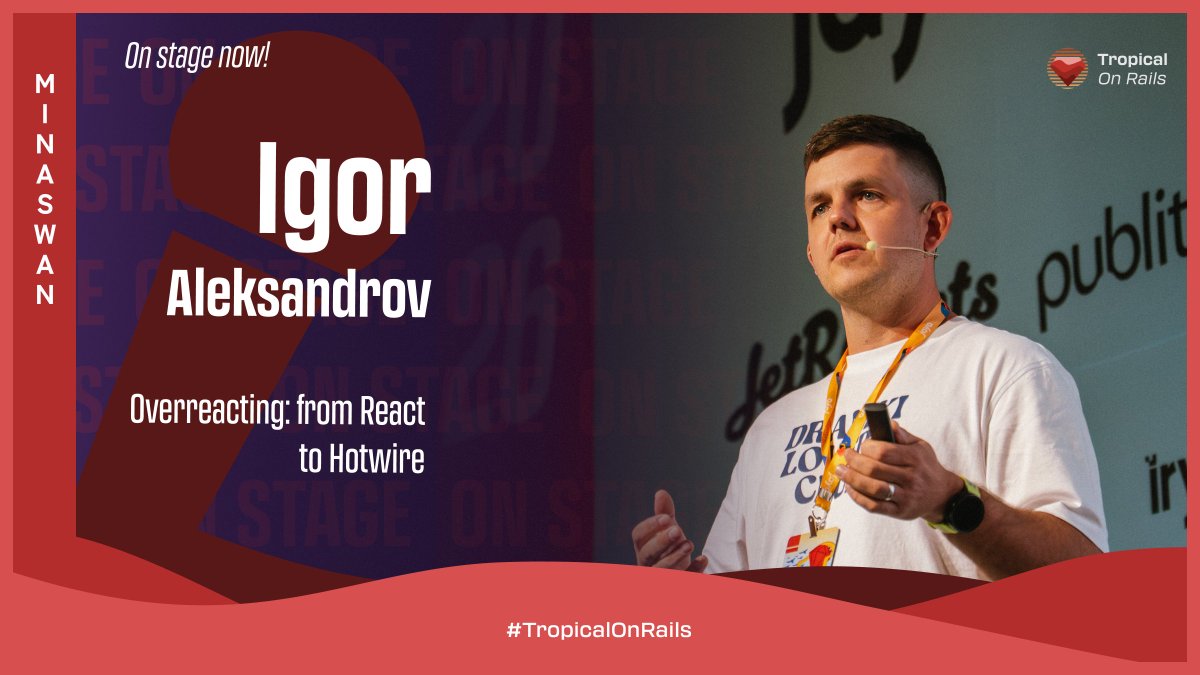 tropicalonrails's tweet image. [ENG] Now on stage! @igor_alexandrov — "Overreacting: from React to Hotwire"

[PT-BR] No palco! @igor_alexandrov — "Overreacting: from React to Hotwire"

#TropicalOnRails #Hotwire
