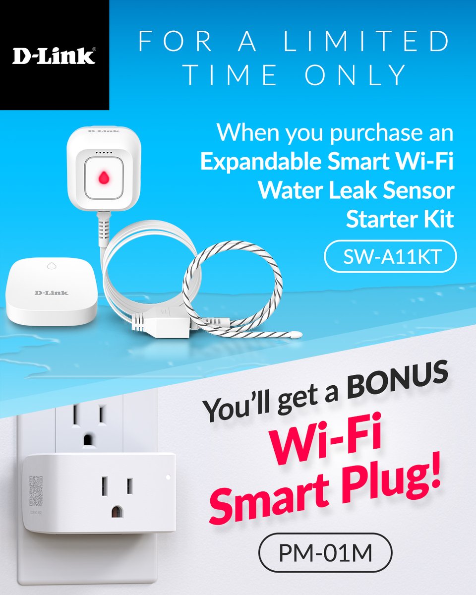 Dlink's tweet image. FREE Wi-Fi Smart Plug! For a limited time when you purchase our Wi-Fi Water Sensor Kit, you’ll get a FREE Wi-Fi Smart Plug. Helps catch leaks early and automate your devices with no recurring subscriptions.  bit.ly/4dDwPiS #FREE #smartplug #watersensor #smarthome